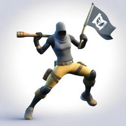 Generate a realistic image of a Fortnite character energetically running while holding a flag high in the air