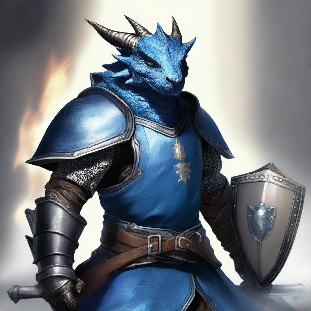 Create an image of a blue dragonborn with blue eyes and a burn scar on the right side of his face