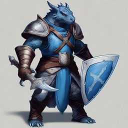 Create an image of a blue dragonborn with blue eyes and a burn scar on the right side of his face