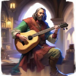 Generate an image of a Bard character from Dungeons and Dragons, playing a lute in a fantasy tavern setting