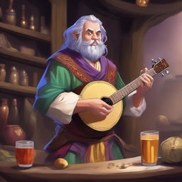 Generate an image of a Bard character from Dungeons and Dragons, playing a lute in a fantasy tavern setting