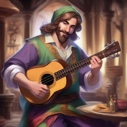 Generate an image of a Bard character from Dungeons and Dragons, playing a lute in a fantasy tavern setting