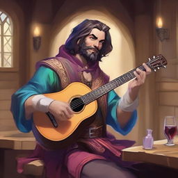 Generate an image of a Bard character from Dungeons and Dragons, playing a lute in a fantasy tavern setting