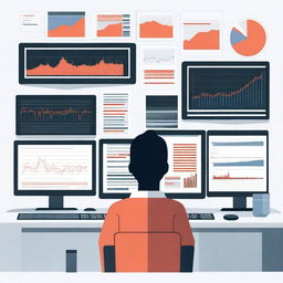 An illustration of a person in front of multiple computer screens displaying various stock market graphs and trends