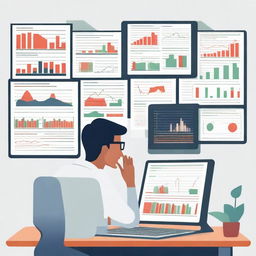 An illustration of a person in front of multiple computer screens displaying various stock market graphs and trends