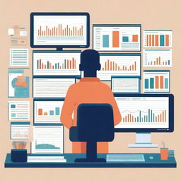 An illustration of a person in front of multiple computer screens displaying various stock market graphs and trends