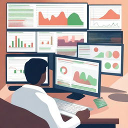 An illustration of a person in front of multiple computer screens displaying various stock market graphs and trends