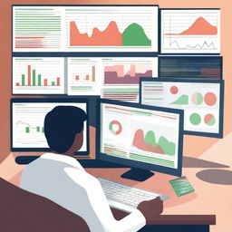 An illustration of a person in front of multiple computer screens displaying various stock market graphs and trends