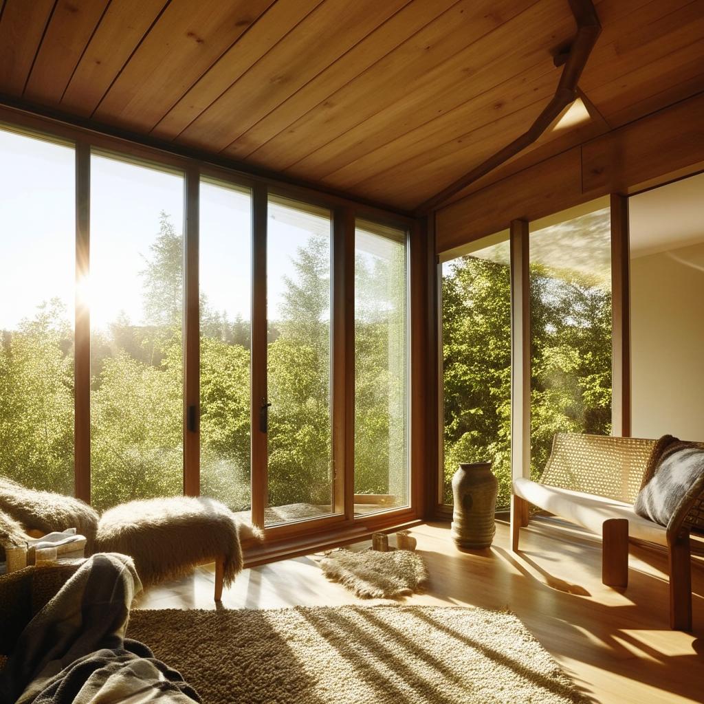 A cozy and stylish interior of a modern home with warm sunlight streaming in through large windows