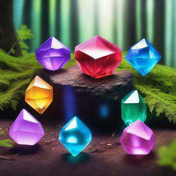 Seven colorful magic crystals, surrounding one black magic crystal. They are all floating and shining brightly in a forest.