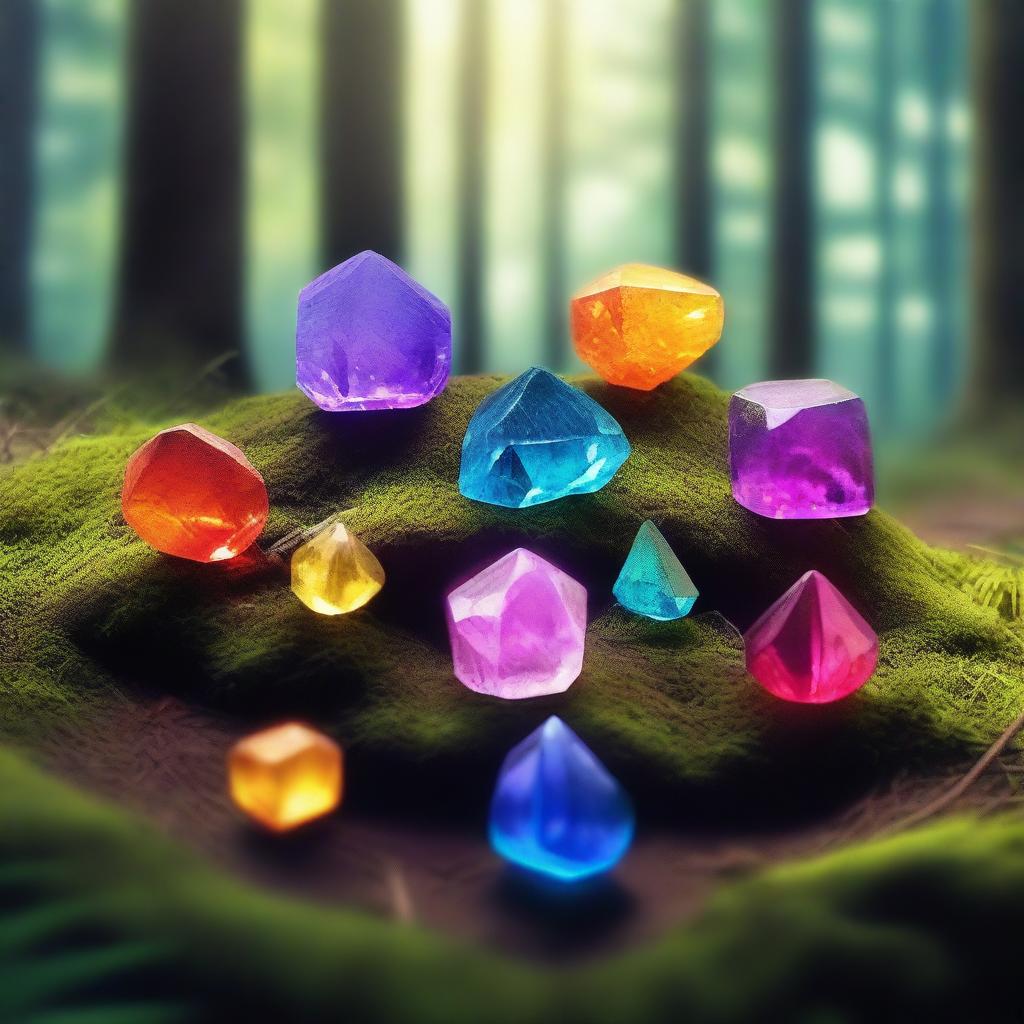 Seven colorful magic crystals, surrounding one black magic crystal. They are all floating and shining brightly in a forest.