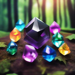 Seven colorful magic crystals, surrounding one black magic crystal. They are all floating and shining brightly in a forest.