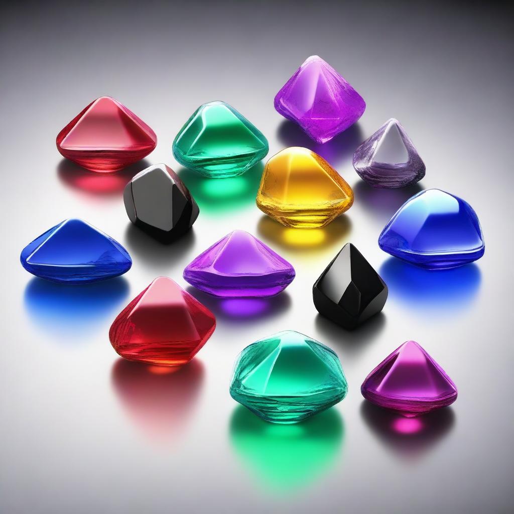 Seven colorful magic crystals, surrounding one brightly shining black crystal.