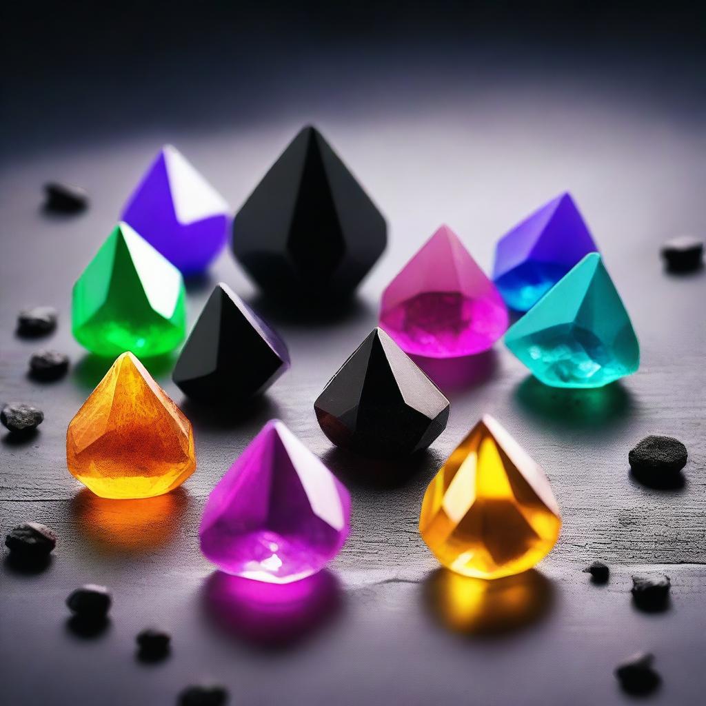 Seven colorful magic crystals, surrounding one brightly shining black crystal.