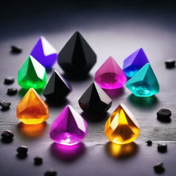 Seven colorful magic crystals, surrounding one brightly shining black crystal.