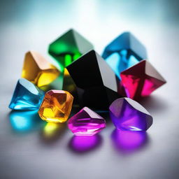 Seven colorful magic crystals, surrounding one brightly shining black crystal.