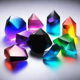 Seven colorful magic crystals, surrounding one brightly shining black crystal.