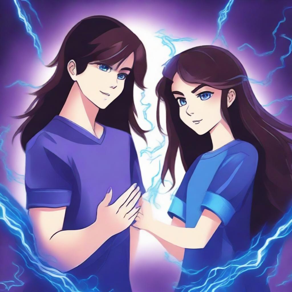 Create a book cover featuring a brunette boy and a long brown-haired girl