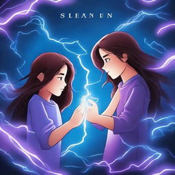 Create a book cover featuring a brunette boy and a long brown-haired girl