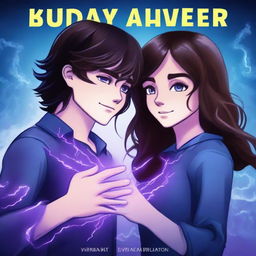 Create a book cover featuring a brunette boy and a long brown-haired girl