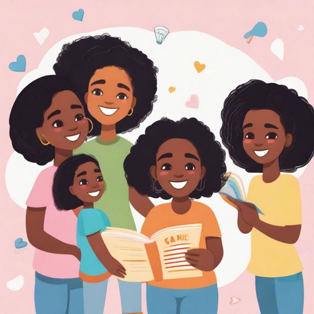 Generate an image depicting a group of diverse black girls of various ages, engaging in different activities like reading, playing, and laughing together