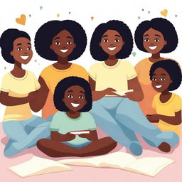 Generate an image depicting a group of diverse black girls of various ages, engaging in different activities like reading, playing, and laughing together