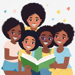 Generate an image depicting a group of diverse black girls of various ages, engaging in different activities like reading, playing, and laughing together