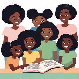 Generate an image depicting a group of diverse black girls of various ages, engaging in different activities like reading, playing, and laughing together