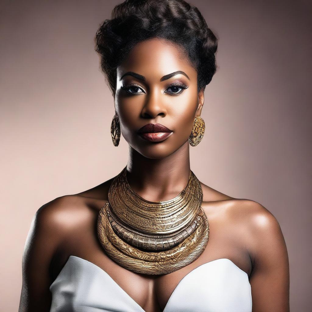 An image of a confident African American woman, with a large bust, dressed elegantly