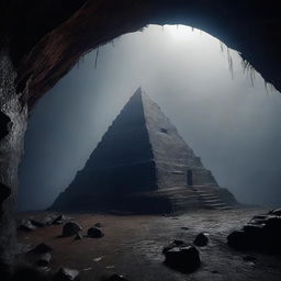 An image of a dark, muddy, and misty cave