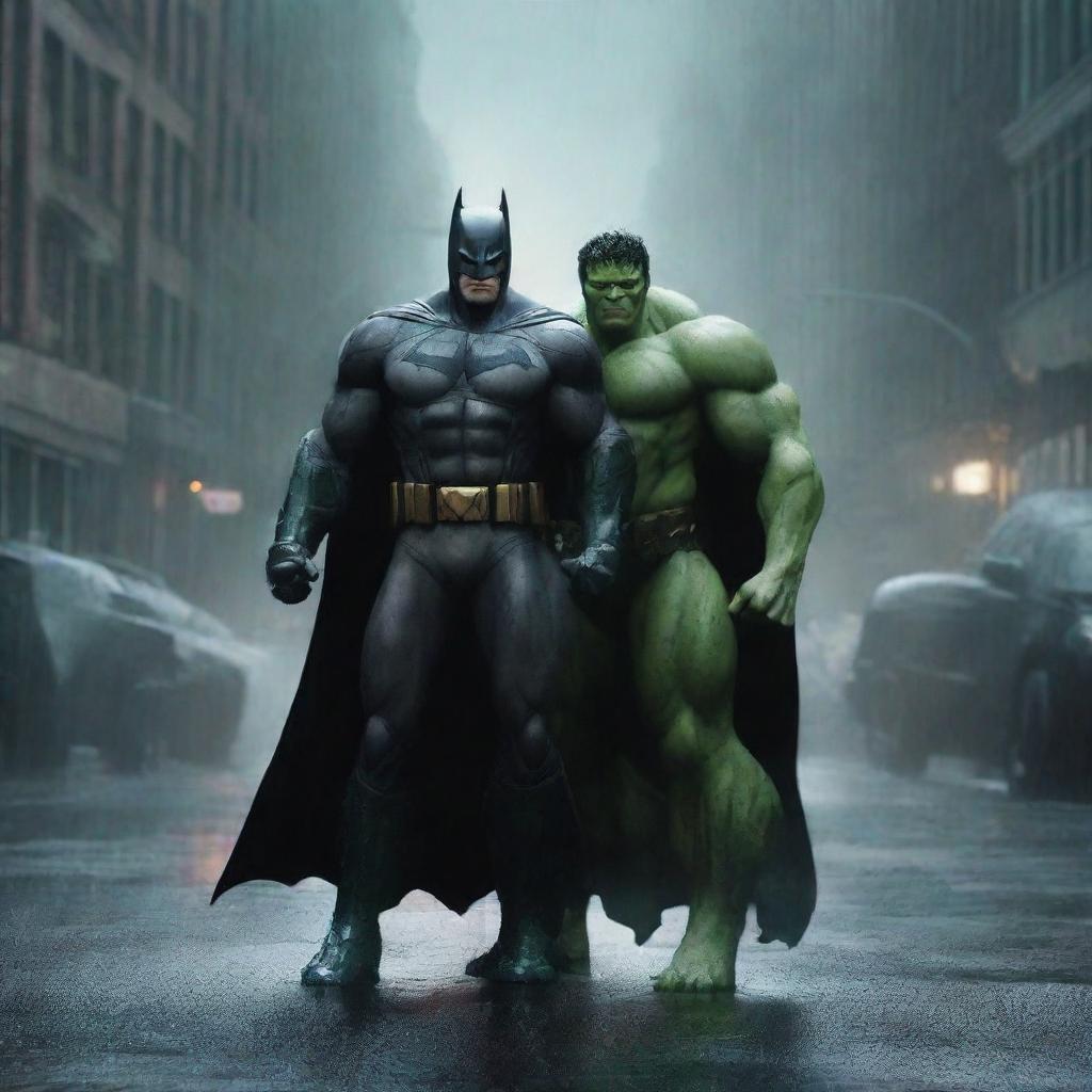 Create an image of Batman and Hulk facing off in a dark, rainy street