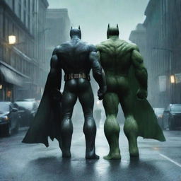 Create an image of Batman and Hulk facing off in a dark, rainy street