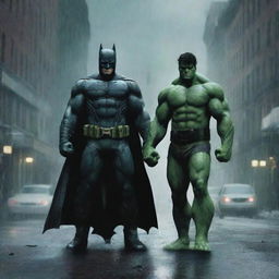 Create an image of Batman and Hulk facing off in a dark, rainy street