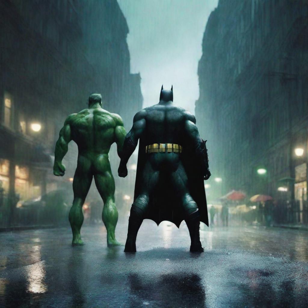 Create an image of Batman and Hulk facing off in a dark, rainy street