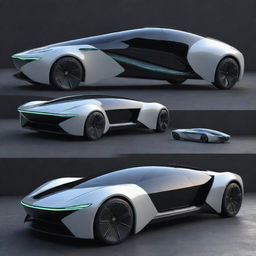 Electricpunk passenger vehicles featuring state-of-the-art electric powered machinery, modern aerodynamic shapes, glowing conduits and digital interfaces, encapsulating a futuristic clean tech aesthetic.