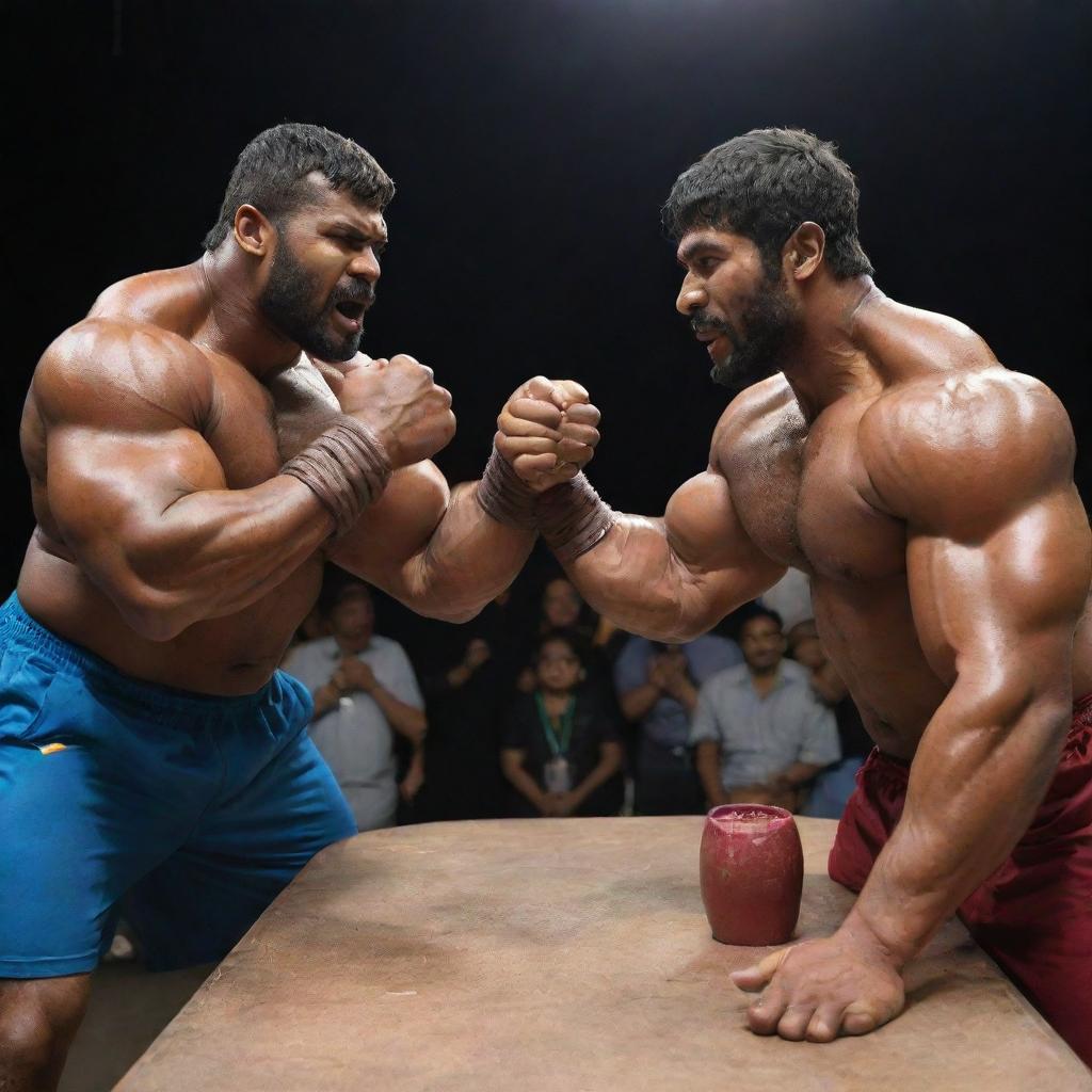 A colossal beast with oversized, muscular arms displaying formidable power as it prepares to compete in a Panja (Indian arm wrestling) league. The atmosphere is tense, and the audience is in awe.