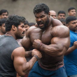 A colossal beast with oversized, muscular arms displaying formidable power as it prepares to compete in a Panja (Indian arm wrestling) league. The atmosphere is tense, and the audience is in awe.