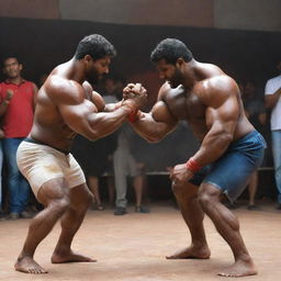 A colossal beast with oversized, muscular arms displaying formidable power as it prepares to compete in a Panja (Indian arm wrestling) league. The atmosphere is tense, and the audience is in awe.