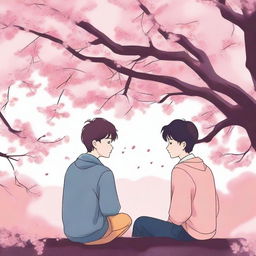 Illustrate a tender and touching scene of a school romance between two high school boys