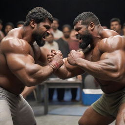 A colossal beast with oversized, muscular arms displaying formidable power as it prepares to compete in a Panja (Indian arm wrestling) league. The atmosphere is tense, and the audience is in awe.