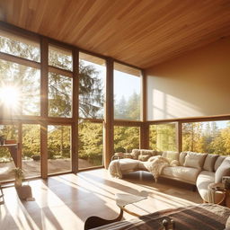 A cozy and stylish interior of a modern home with warm sunlight streaming in through large windows