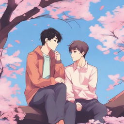 Illustrate a tender and touching scene of a school romance between two high school boys