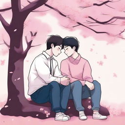 Illustrate a tender and touching scene of a school romance between two high school boys