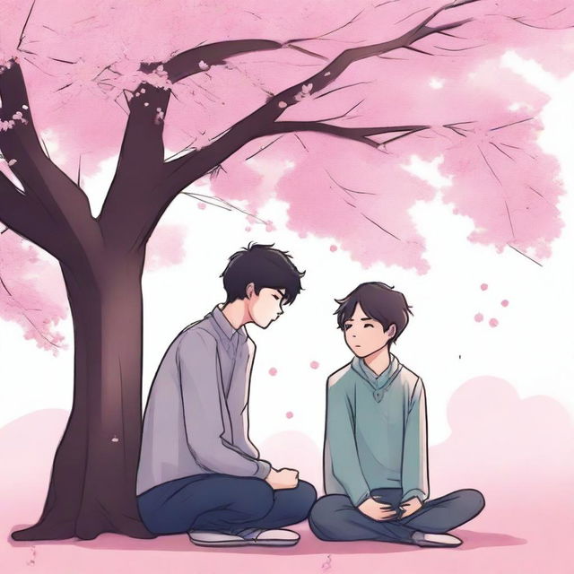 Illustrate a tender and touching scene of a school romance between two high school boys