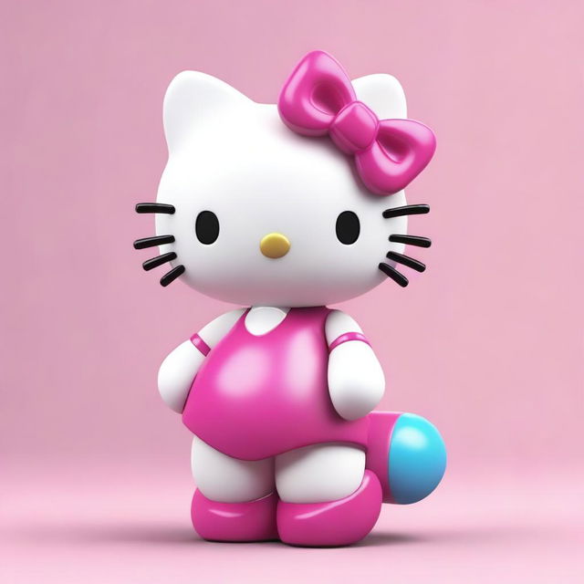 Create a 3D image of Hello Kitty with an exaggerated hourglass figure, emphasizing a voluptuous upper body and a small waist