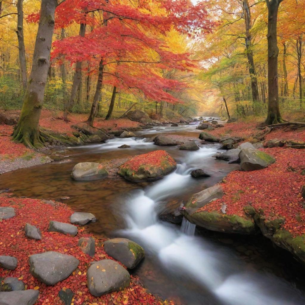 A picturesque landscape showcasing a peaceful river flowing through a vibrant autumn forest with bright red and orange tree leaves.