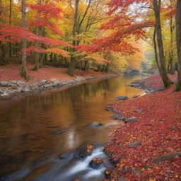 A picturesque landscape showcasing a peaceful river flowing through a vibrant autumn forest with bright red and orange tree leaves.