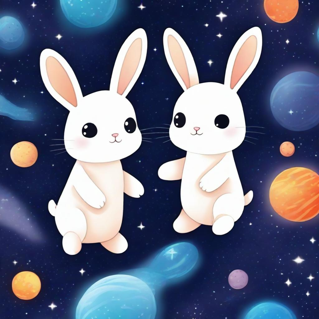 Adorable little rabbits floating in the vastness of outer space, surrounded by stars and distant galaxies.