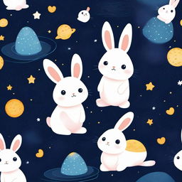 Adorable little rabbits floating in the vastness of outer space, surrounded by stars and distant galaxies.