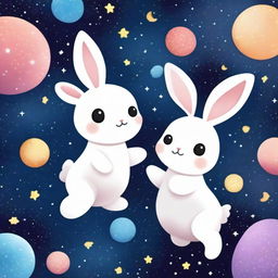 Adorable little rabbits floating in the vastness of outer space, surrounded by stars and distant galaxies.